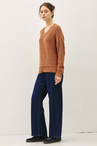 Autumn Ridge Chunky Knit V-Neck Sweater – Rust Cotton Pullover for Fall & Winter