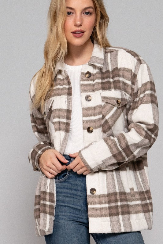 Evelina Sherpa-Lined Plaid Shacket – Cozy Brushed Jacket with Pockets