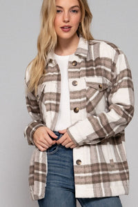 Evelina Sherpa-Lined Plaid Shacket – Cozy Brushed Jacket with Pockets