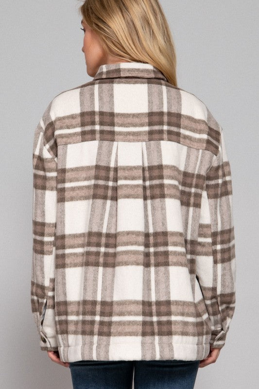 Evelina Sherpa-Lined Plaid Shacket – Cozy Brushed Jacket with Pockets