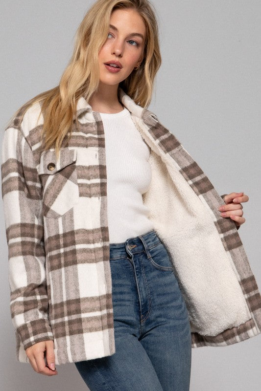 Evelina Sherpa-Lined Plaid Shacket – Cozy Brushed Jacket with Pockets