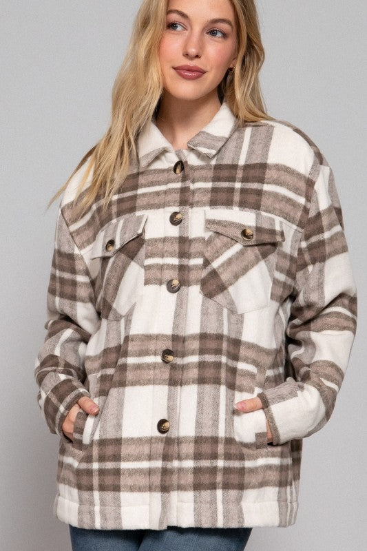 Evelina Sherpa-Lined Plaid Shacket – Cozy Brushed Jacket with Pockets