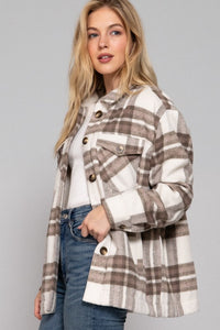 Evelina Sherpa-Lined Plaid Shacket – Cozy Brushed Jacket with Pockets