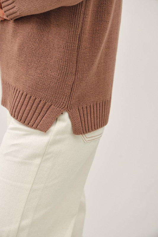Briar Hill Mock Neck Pullover Sweater – Oversized Drop Shoulder Knit in Mocha