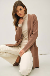 Harper Longline Open Front Knit Cardigan Coat – Mocha Brown