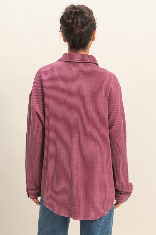 Maribel Oversized Mineral Washed Waffle Knit Shacket – Women’s Casual Button Down Shirt Jacket