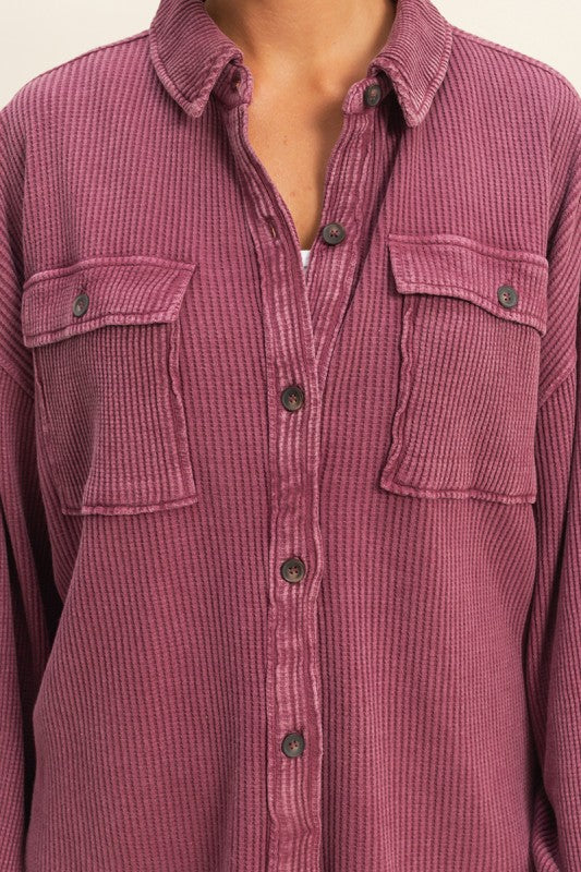 Maribel Oversized Mineral Washed Waffle Knit Shacket – Women’s Casual Button Down Shirt Jacket