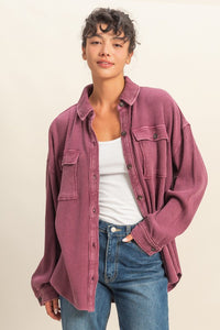 Maribel Oversized Mineral Washed Waffle Knit Shacket – Women’s Casual Button Down Shirt Jacket