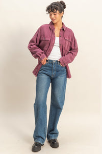 Maribel Oversized Mineral Washed Waffle Knit Shacket – Women’s Casual Button Down Shirt Jacket