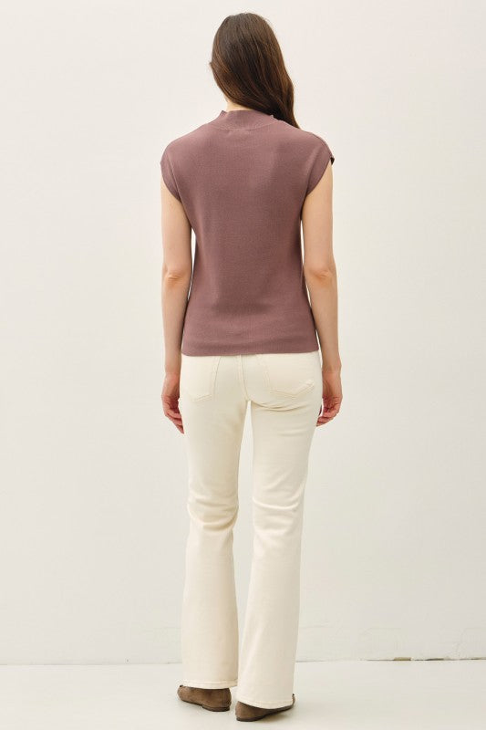Clover Ribbed Cap Sleeve Sweater Top – Mock Neck Knit in Cocoa & Oatmeal