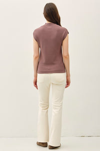 Clover Ribbed Cap Sleeve Sweater Top – Mock Neck Knit in Cocoa & Oatmeal