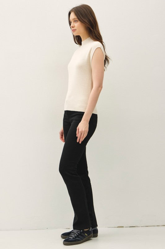 Clover Ribbed Cap Sleeve Sweater Top – Mock Neck Knit in Cocoa & Oatmeal