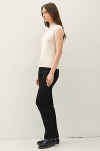 Clover Ribbed Cap Sleeve Sweater Top – Mock Neck Knit in Cocoa & Oatmeal