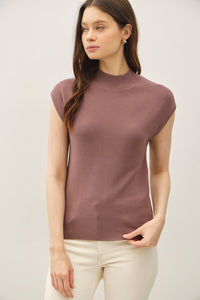 Clover Ribbed Cap Sleeve Sweater Top – Mock Neck Knit in Cocoa & Oatmeal