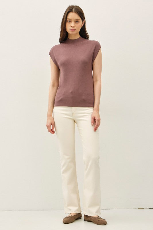 Clover Ribbed Cap Sleeve Sweater Top – Mock Neck Knit in Cocoa & Oatmeal