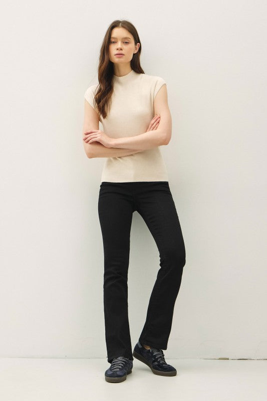 Clover Ribbed Cap Sleeve Sweater Top – Mock Neck Knit in Cocoa & Oatmeal