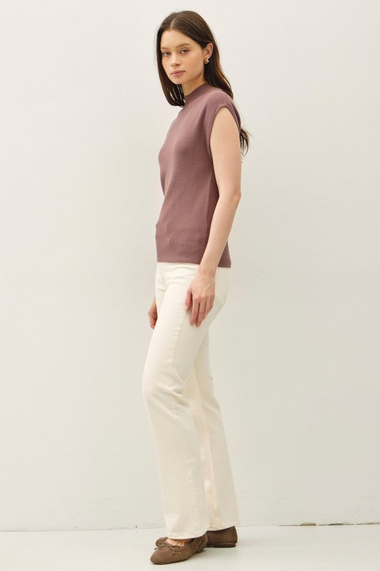 Clover Ribbed Cap Sleeve Sweater Top – Mock Neck Knit in Cocoa & Oatmeal