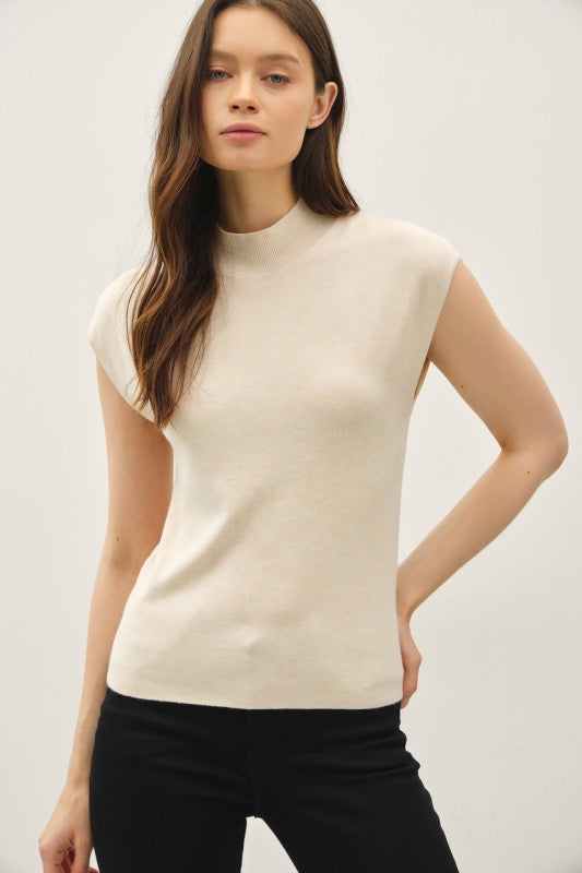 Clover Ribbed Cap Sleeve Sweater Top – Mock Neck Knit in Cocoa & Oatmeal
