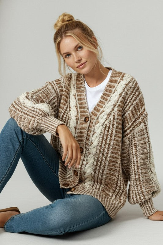 Briar Two-Tone Cable Knit Cardigan – Oversized Button-Down Sweater | Northern Belle Boutique