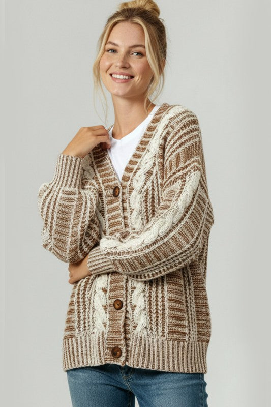 Briar Two-Tone Cable Knit Cardigan – Oversized Button-Down Sweater | Northern Belle Boutique