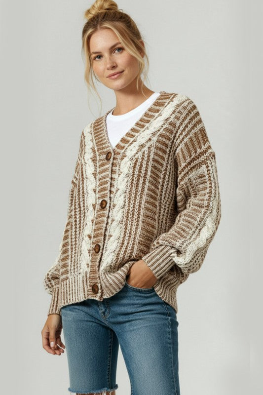 Briar Two-Tone Cable Knit Cardigan – Oversized Button-Down Sweater | Northern Belle Boutique