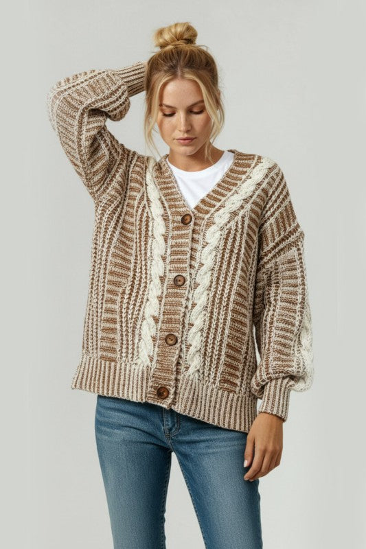 Briar Two-Tone Cable Knit Cardigan – Oversized Button-Down Sweater | Northern Belle Boutique