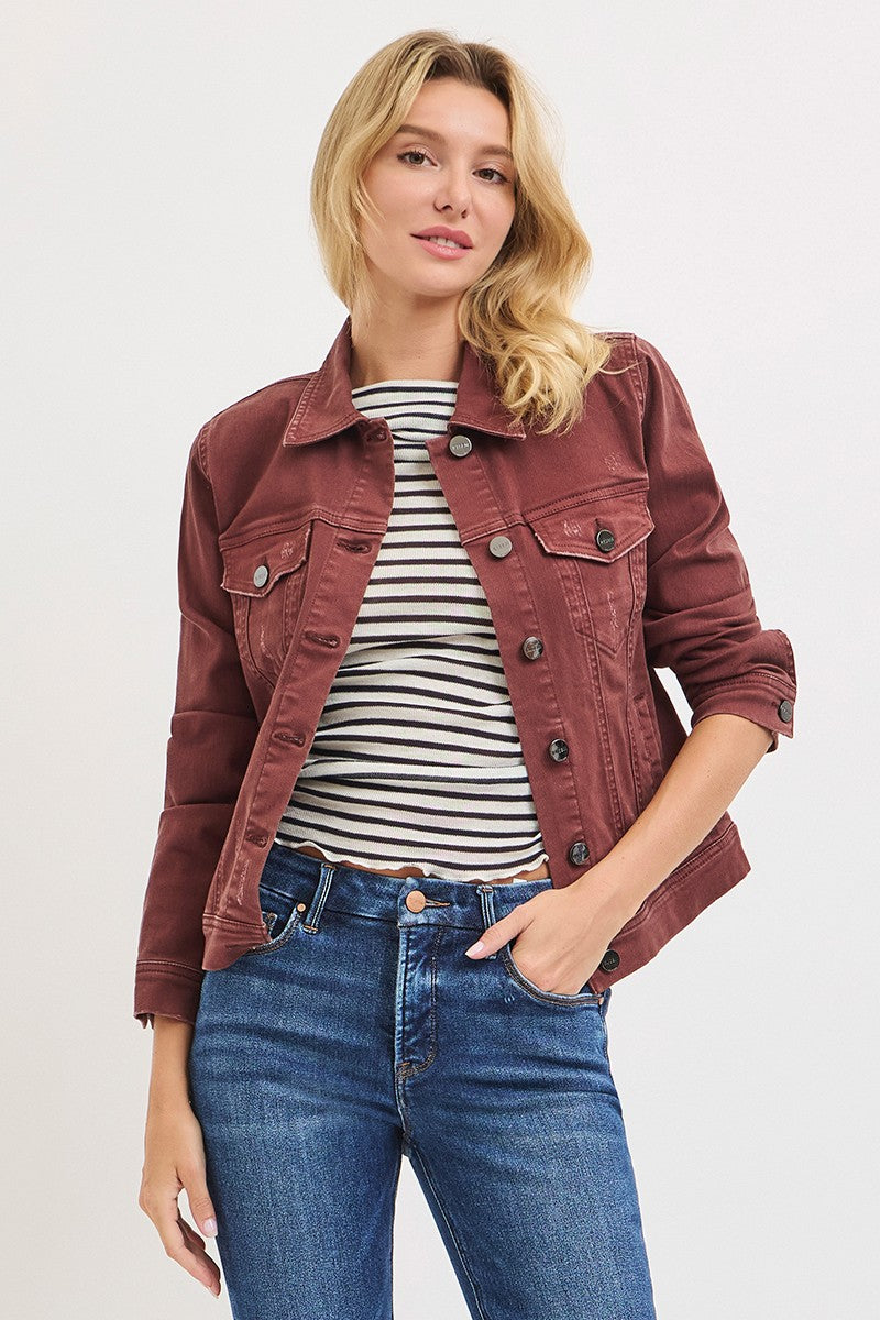 Risen "Sienna" Vintage Wash Denim Jacket: Chocolate Brown