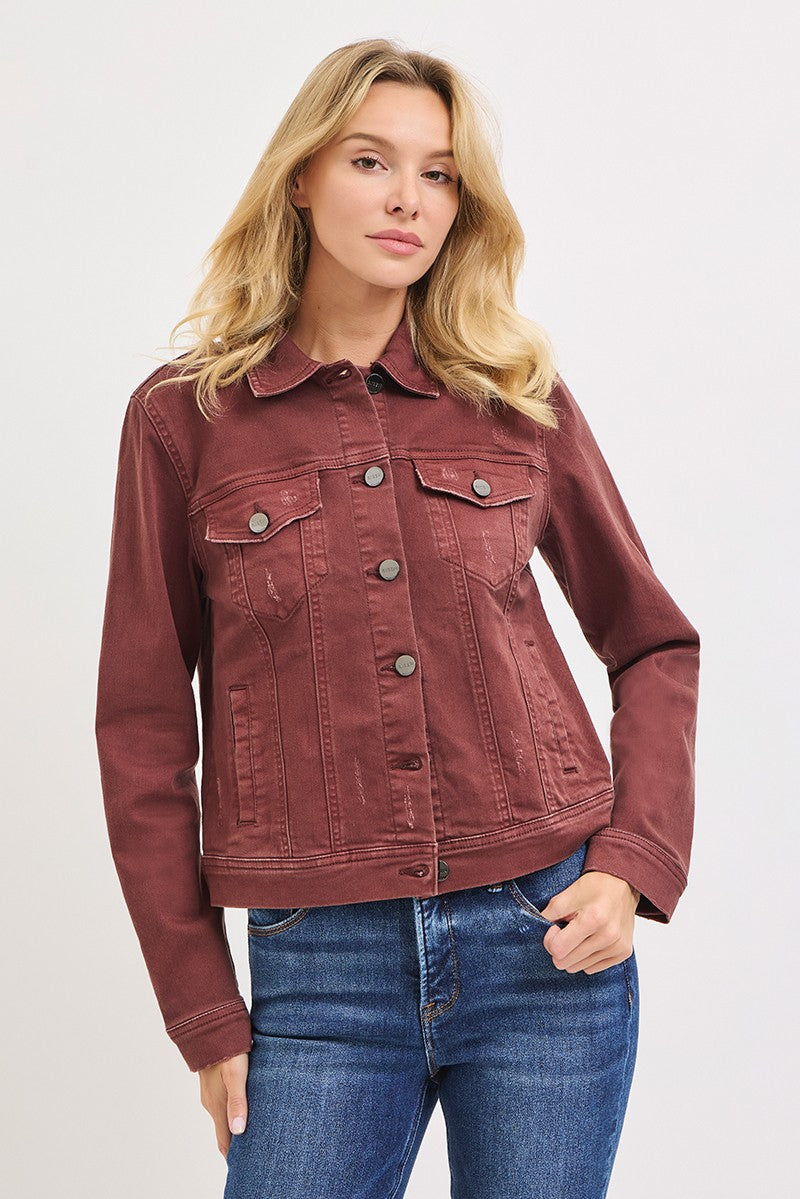 Risen "Sienna" Vintage Wash Denim Jacket: Chocolate Brown