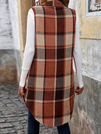 The Emery Sleeveless Plaid Longline Vest – Tan & Black Fall Layer