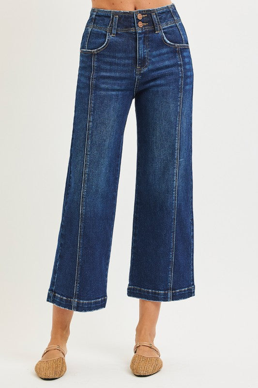 Risen "Lennox" High Rise Crop Wide Leg Jeans: Dark Wash – Front Seam Detail Modern Denim for Women
