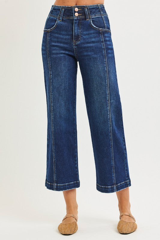 Risen "Lennox" High Rise Crop Wide Leg Jeans: Dark Wash – Front Seam Detail Modern Denim for Women
