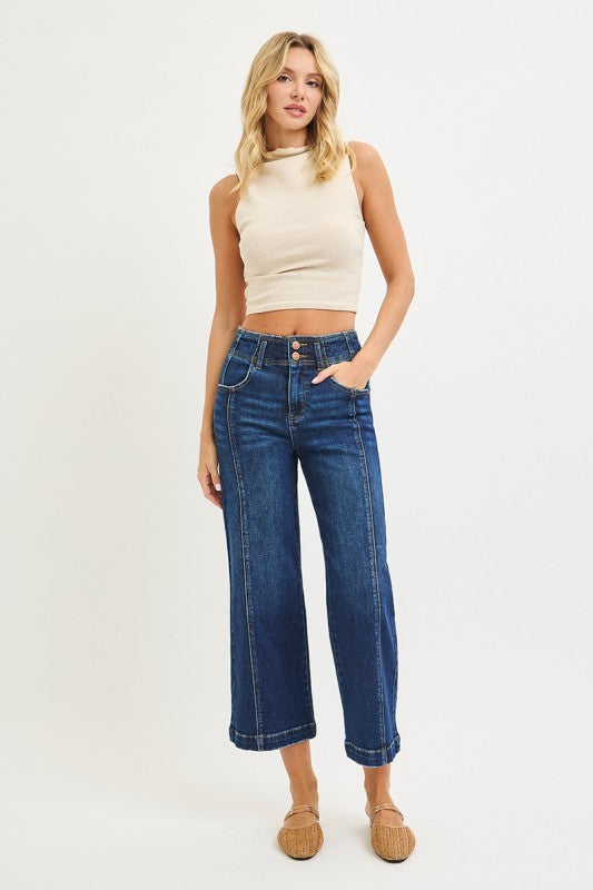 Risen "Lennox" High Rise Crop Wide Leg Jeans: Dark Wash – Front Seam Detail Modern Denim for Women