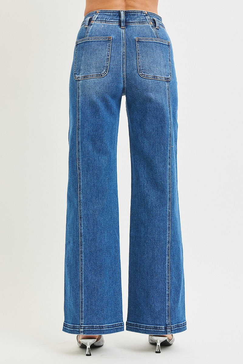 Risen "Harlow" High Rise Wide Leg Seam Detail Jeans: Dark Wash