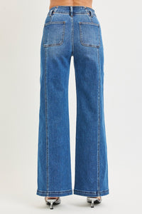 Risen "Harlow" High Rise Wide Leg Seam Detail Jeans: Dark Wash