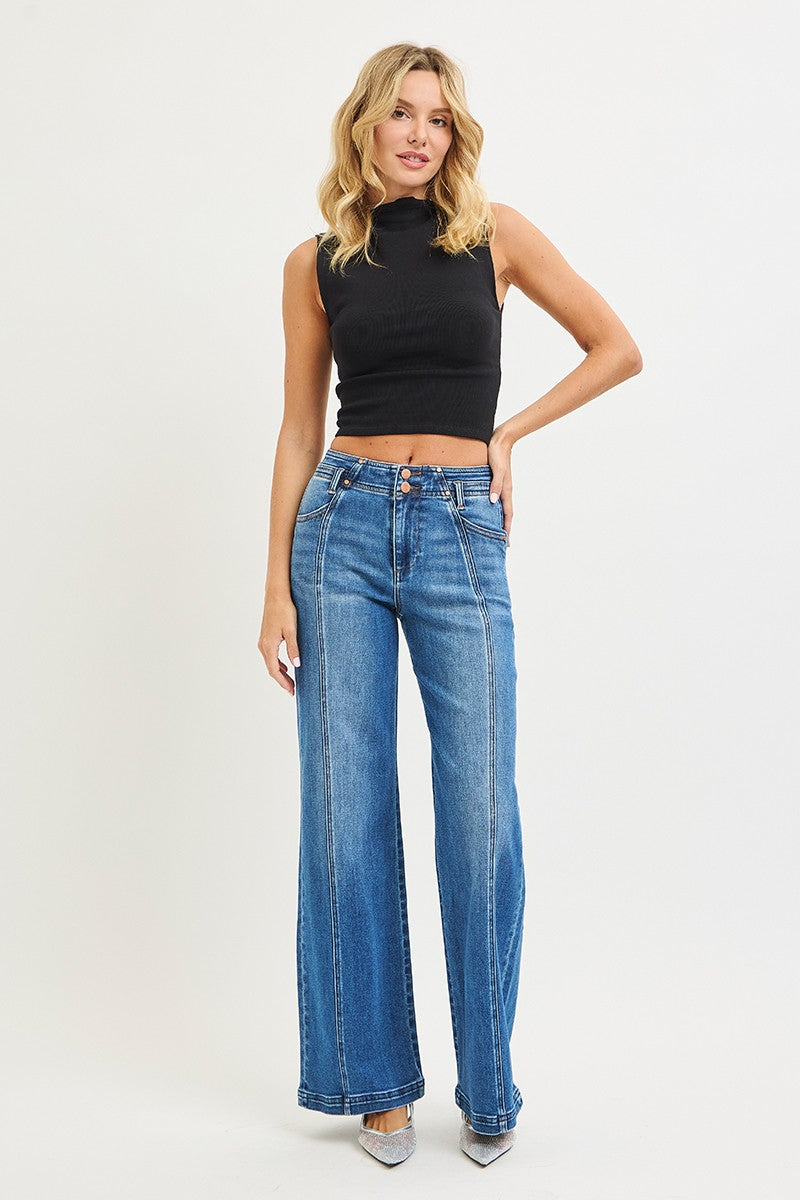 Risen "Harlow" High Rise Wide Leg Seam Detail Jeans: Dark Wash