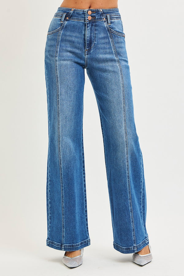 Risen "Harlow" High Rise Wide Leg Seam Detail Jeans: Dark Wash