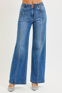 Risen "Harlow" High Rise Wide Leg Seam Detail Jeans: Dark Wash