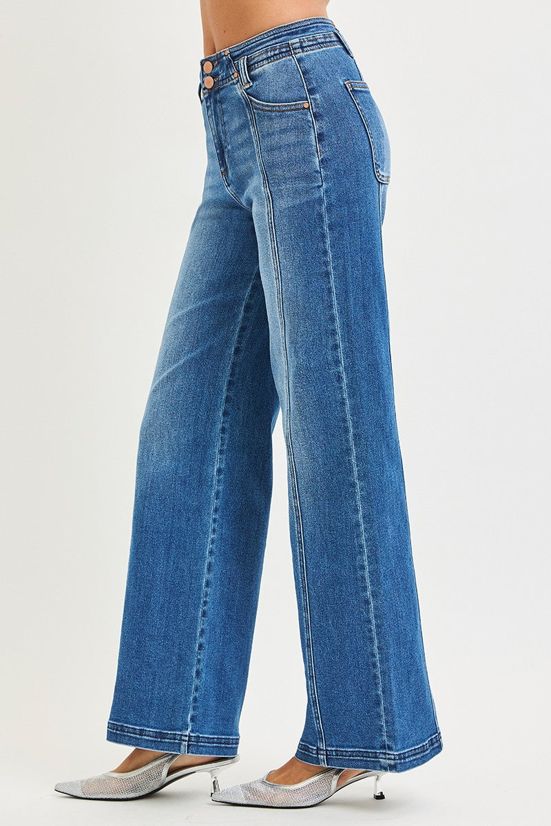 Risen "Harlow" High Rise Wide Leg Seam Detail Jeans: Dark Wash