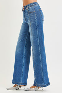 Risen "Harlow" High Rise Wide Leg Seam Detail Jeans: Dark Wash