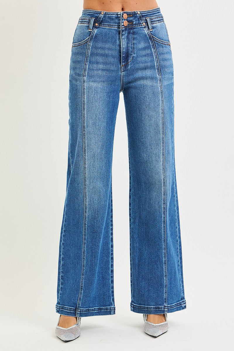 Risen "Harlow" High Rise Wide Leg Seam Detail Jeans: Dark Wash