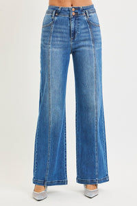 Risen "Harlow" High Rise Wide Leg Seam Detail Jeans: Dark Wash