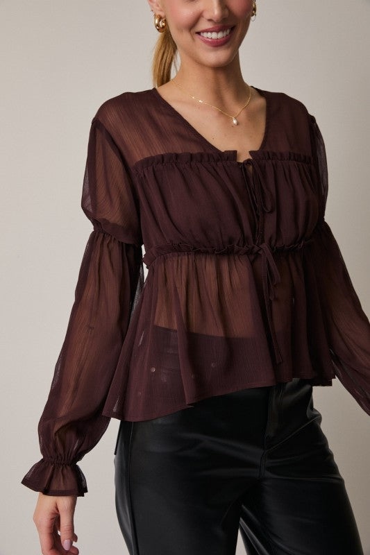 The Renata Sheer Tie-Front Blouse – Deep Brown Chiffon Top
