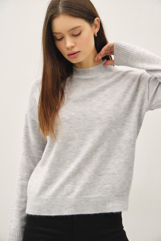 The Rowan Mock Neck Pullover Sweater: Lt Grey – Cozy Relaxed Knit