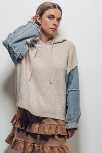 Snowfall Patchwork Hoodie – Mixed-Media Knit & Denim Sleeve Pullover | Northern Belle Boutique