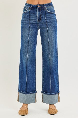 Risen "Camden" High Rise Cuffed Wide Leg Jeans: Dark Wash