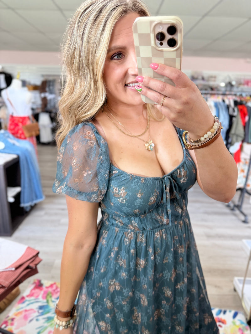 The Meadow Rose Sheer Puff Sleeve Midi Dress – Teal Floral