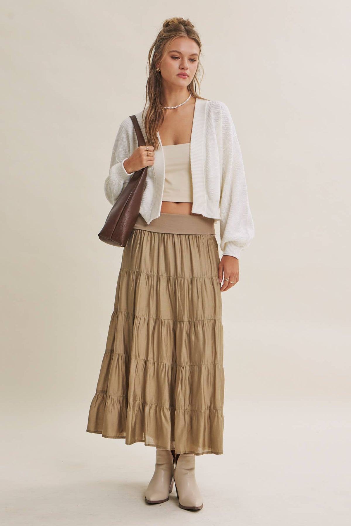 EVERYDAY ESEENTIAL EASY LAYERING BALLOON SLV WAFFLE CARDIGAN: OLIVE / L