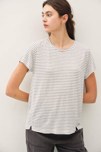 The Brighton Cotton Linen Striped Tee: Charcoal – Lightweight Relaxed Everyday T-Shirt for Women