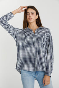 Brie Gingham Long Sleeve Button Down Lightweight Summer Blouse: Navy