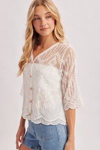 Ivory Embroidered Sheer Lace Button Front Blouse